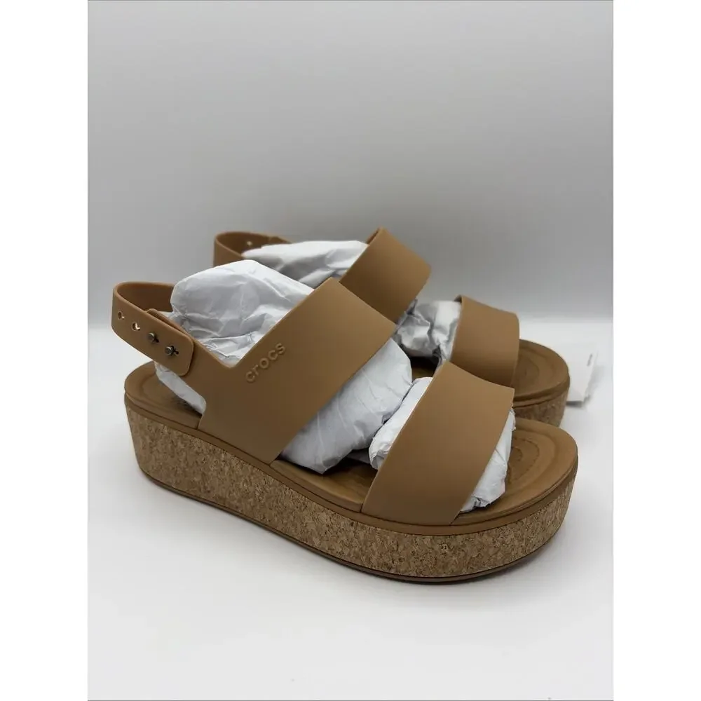 Crocs Brooklyn Cork Low Wedge Platform Sandal Women’s Sz US W 6 Light Brown NWT
